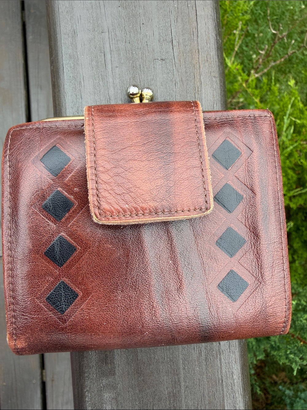 Vintage Rico Brown Cowhide Leather Wallet with Black Diamond Accents